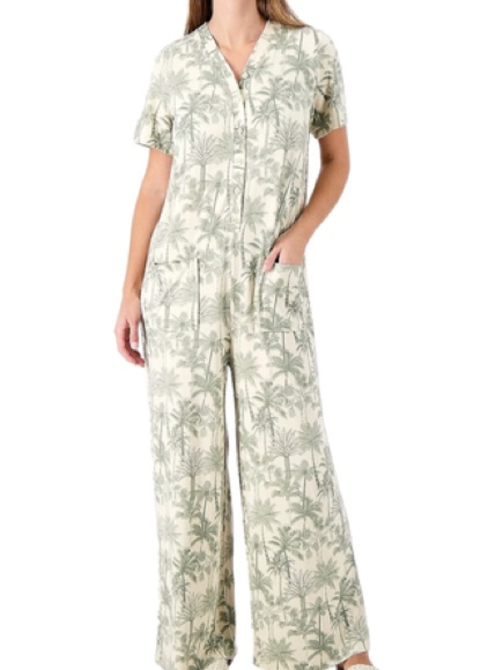 BumbleBella by Jill Martin Sage Palm-Print Wide-Leg Jumpsuit